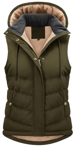 heekpek Gilet Donna Invernale Termico Imbottito Gilet in Pile Corto Piumino Senza Maniche con Cappuccio Giubbotto Smanicato con Cerniera e Tasche, Verde militare, M