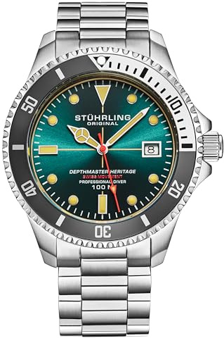 Stuhrling Depthmaster Heritage Diver Swiss Quartz Watch, 42mm, Teal Dial, Stainless Steel, 100M Water Resistant (Teal)