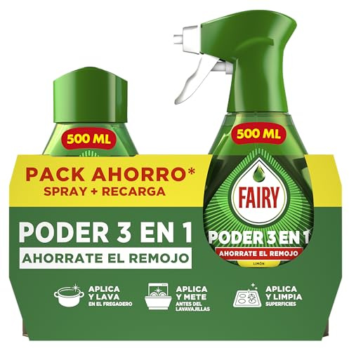Fairy Spray Poder Sin Remojo Pre-Tratamiento Limón 2 x 500ml | Para Vajilla Y Cocina, Eficaz Con El 100 % De La Grasa, Antigrasa, Spray Desengrasante, Limpieza Rápida Y Sin Esfuerzo