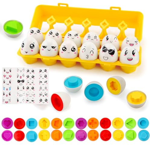 JoyGrow Passende Eier 12PCS Montessori Eier Spielzeug Farb und Formerkennung Sortierer Puzzle-Fähigkeiten Lernspielzeug für Kinder und Kleinkinder für Oster Weihnachten Kindertag (12PCS+Aufkleber)