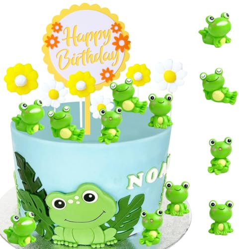 MEZHEN Tortendeko Frosch Kuchen Deko Geburtstag Cake Topper Frosch Gänseblümchen Torte Deko Happy Birthday Kindergeburtstag Cupcake Topper Sommerparty Kuchendeko Tiere Picknick Hochzeit