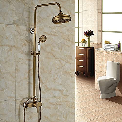 Colonna doccia vintage in ottone anticato con miscelatore e soffione da 20,3 cm