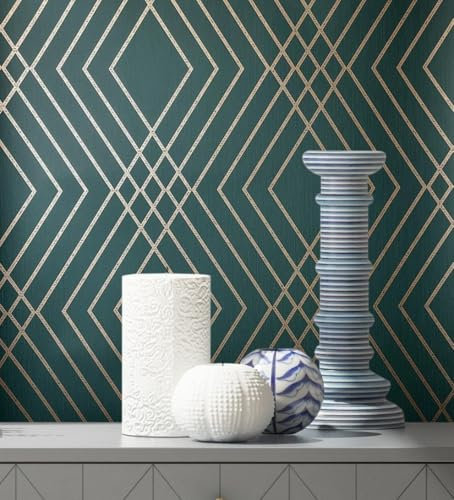 GAULAN 683541 Papier peint art déco géométrique fond vert émeraude avec lignes dorées pour mur salon chambre couloir salle à mange tête de lit hall - Rouleaux de 10 m x 0,53 m