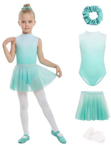 JiAmy Mädchen Tanz Set Farbverlauf Tüllrock Haarreif 4-5 Jahre, Lila | Größe 110, 86% Polyester 14% Elasthan, 4-teilig, Strumpfhose, Tüllrock, Stretchstoff, Rückenöffnung, Ballettunterricht