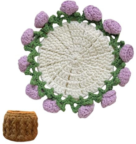 Rose Bouquet Coaster,Unique Crochet Drink Insulation Mat,Romantic Rose Flower Bouquet Knitted Coaster With Basket,Lily Of The Valley, Floret Modeling,For Home Bar Desk Coffee Table Decor