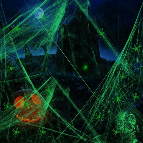 Halloween Leuchtend Spinnennetz Deko, Halloween Deko Garten Outdoor,200g Glow-in-The-Dark Spinnweben Dekoration Spinnennetz für Party Horror Dekoration,Garten,HäUser,Spukhaus & Party Zubehör