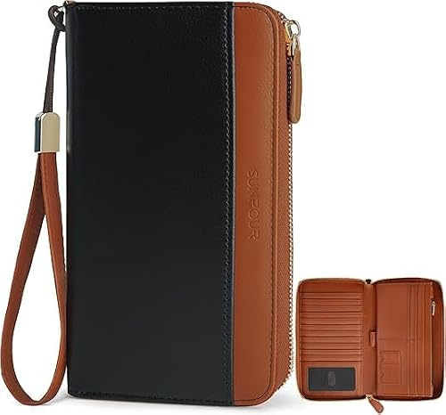 Sunpour Damen–Geldbörse groß,Portemonnaie mittelgroß–RFID-Geldbörse mit AirTag-Fach, Reisebrieftasche mit Handschlaufe & Reißverschluss, 21 Kartenfächer