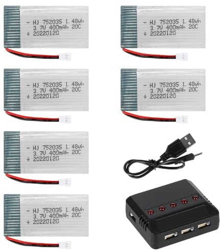 Weciau 3.7V 400mAh Lipo Akku, 6 Stück Wiederaufladbare Akku mit 5 in1 Ladegerät für Syma Q11 H99W H31 H6C H98 TR-C385 TR-P51 TR-F22 AT-96 Quadcopter Teile Flugzeug