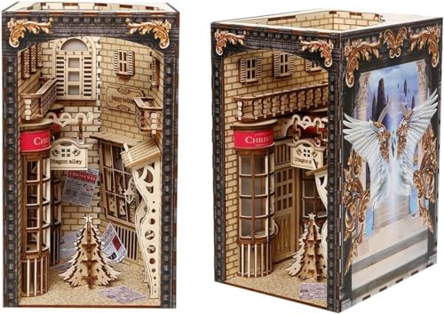 CHFYIJYHM DIY Book Nook Kit, 3D Wooden Puzzle Bookend for Bookshelf Decor, Light Up Tiny Miniature Diagonal Lane Christmas Simulation 3D Model Decoration