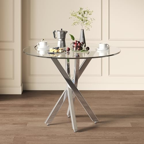 LARFOEK Runder Esstisch, 80cm Klein Küchentisch mit Glas Tischplatte, Moderner Tisch mit Metallbeinen, Esszimmertisch für Küche, Wohnzimmer, Büro, 80 x 80 x 75 cm, Silber