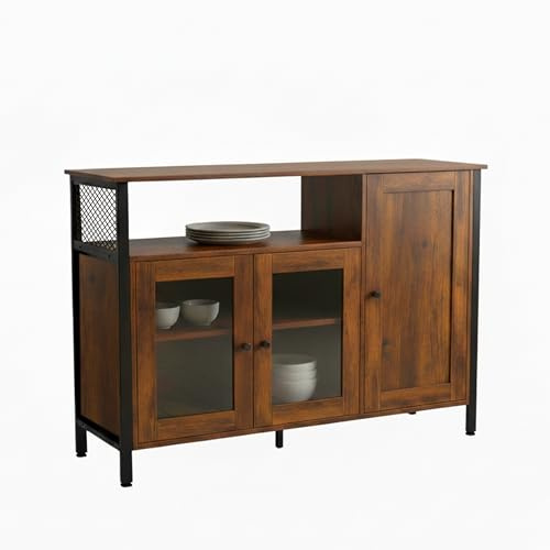 Relaxdays Küchenschrank mit Glastüren, HBT: 75 x 110 x 33 cm, Sideboard Küche, Anrichte, Holzwerkstoff, Stahl, Farbwahl