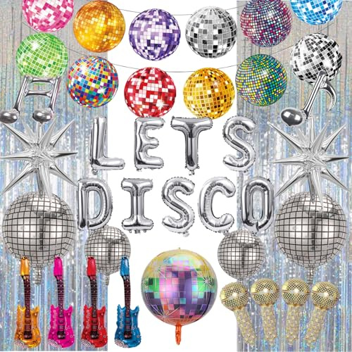 PAUBLLON Disco Party Decorations Dancing Party-Disco Ball Decorations Including Lets Disco Letter Balloon,Inflatable Rock Star Guitar Props,for 70s 80s 90s theme Party, Hip Hop & Retro Rock Decoration