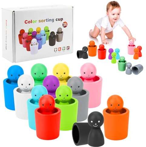 VLUVLA Colour Sorting Toys for Toddlers, 12 PCS Wooden Colored Peg Dolls in Cups, Preschool Color Matching Toy, Color Recognition Playset for Toddlers to Cultivate Cognitive Abilities