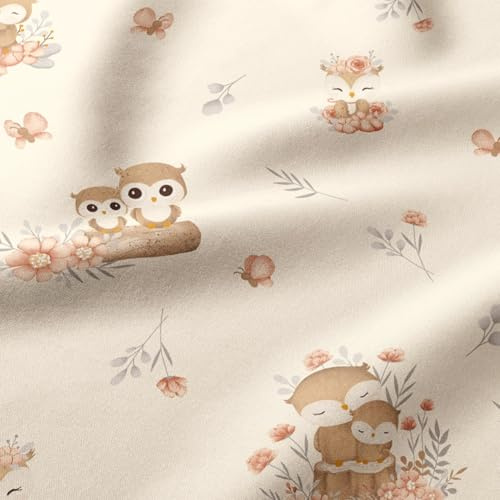 TexTrend Stoff Baumwollstoff Meterware - 1 Meter 160 x 100 cm - Stoffe zum Nähen - Kinder - Eulen Blumen Helles Apricot