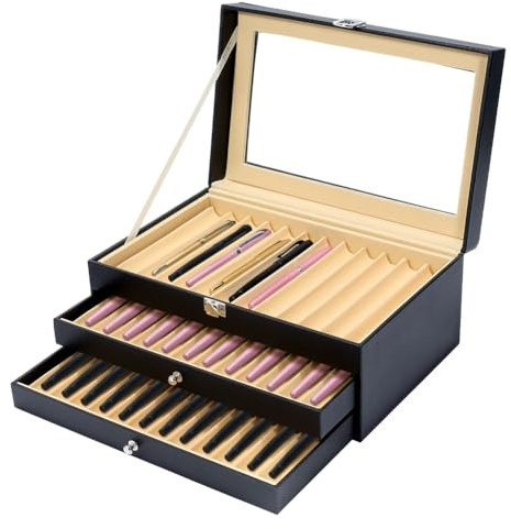 PH PandaHall 3 Tier Leather Pen Display Case, 36-slot Fountain Pen Storage Box Wood Pens Organizer with Glass Window for Office Home Desk Collection Birthday Father's Day Gift, 30.5x19.7x12.5cm, Black