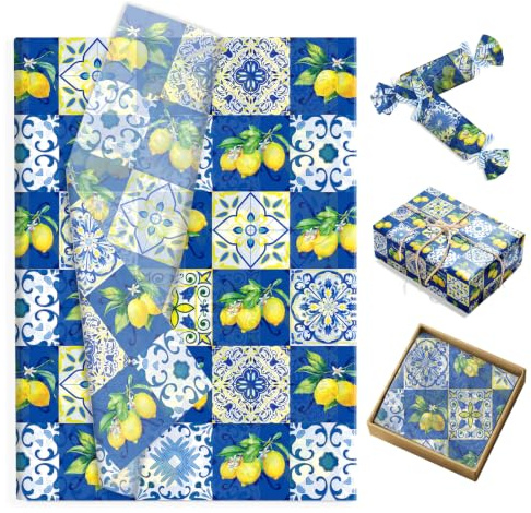 Dermalyx 100 Blatt Zitronen Blau Weiß Seidenpapier Design, Geschenkpapier für Verpackung Sommer Dekoration, Buntes Quadratisches Papier zum Basteln und Einpacken 50x35cm