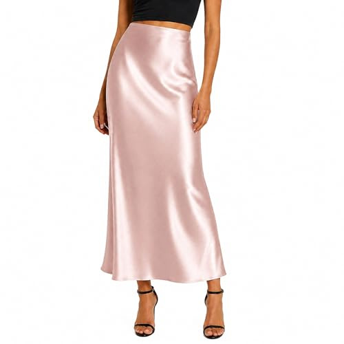 Supcomsta Womens Satin Maxi Skirt High Waisted Silky Long Skirt, Elastic Waist Elegant Slip Skirt for Casual Party (UK, Alpha, XS, Regular, Regular, Pink)
