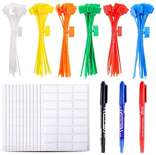 Glarks 150 fascette in nylon autobloccanti per cavi, 6 colori, 15,2 cm, per scrivere su etichette, con 3 pennarelli e 288 etichette bianche per cavi per uso domestico e ufficio