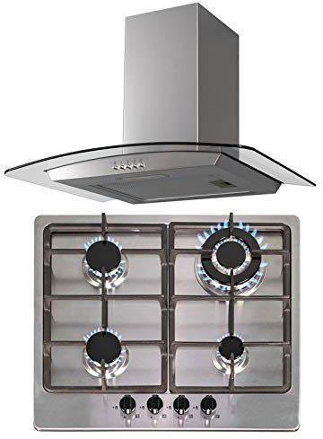 SIA 60cm Stainless Steel 4 Burner Gas Hob & Curved Glass Chimney Cooker Hood Fan