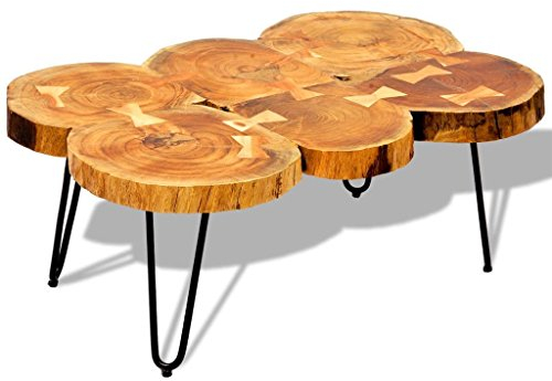 yorten Couchtisch Sofatisch Kaffeetisch aus Sheesham-Massivholz Beistelltisch 6 Baumscheiben 90 x 60 x 35 cm (L x B x H) Braun