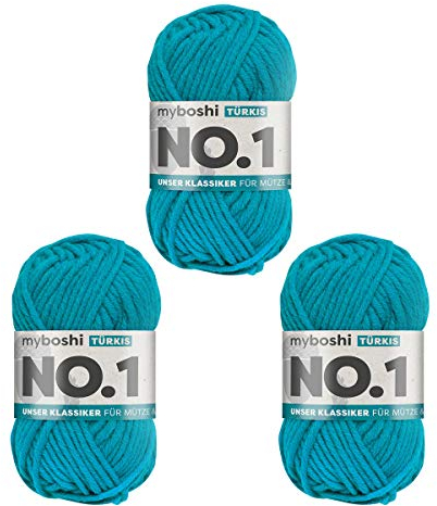 myboshi No.1 Wolle zum Häkeln und Stricken, Schnellstrickgarn, langlebige Mützenwolle, Strickwolle, Häkelwolle, mulesing-frei, 50g, Ll 55m Blau (Türkis) 3 Knäuel