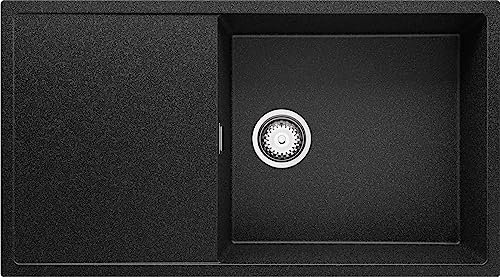 PRIMAGRAN Evier Cuisine en Granit Graphite 90x50cm, Lavabo 1 bac + Kit de Vidage, Évier à Encastrer au meuble 60cm - Ibiza