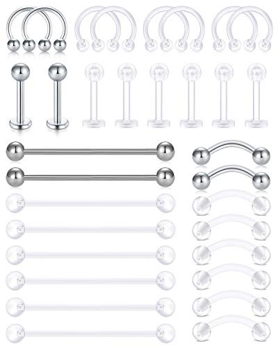 AceFun 32 STK Klar Piercing Retainer Flexible Zungen- und Augenbrauen Piercing Ring Mix Style Bioflex