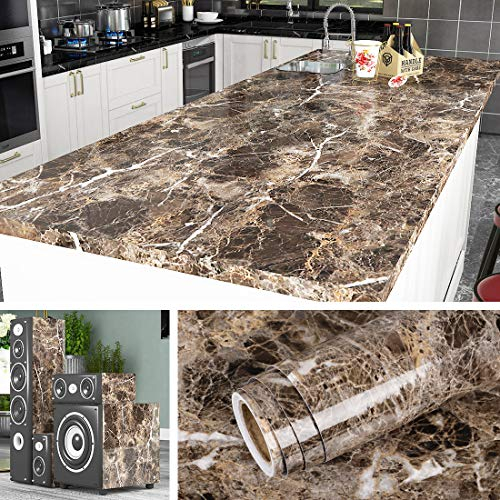 Livelynine Marmor Folie für Tisch Klebefolie Küche Arbeitsplatte Folie für Möbel Schrank Fensterbank Küchenarbeitsplatte Schminktisch Deko Mamorfolie Selbstklebend Klebe Folieren Braun Tapeten 40CMX2M
