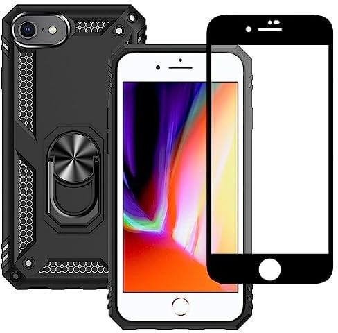 Yiakeng for iPhone 8 Case, iPhone 7 Case With Screen Protector, Silicone Shockproof Military Grade Protective Phone Cover for iPhone SE 2020 (Black)