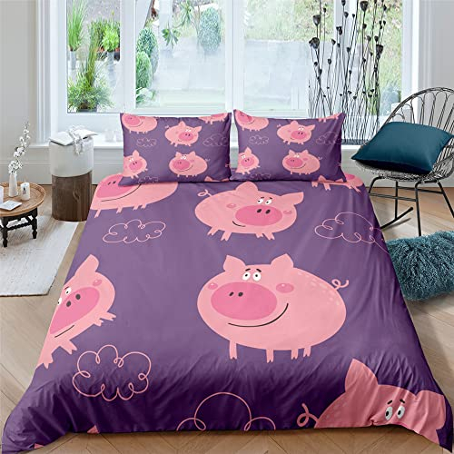 ZZXHG Bettwäsche 135x200 Lila Schweinchen, Wendemotiv Bettbezug Set für Kinder Einzelbett, Atmungsaktiv Bettbezüge mit Reißverschluss und 80x80 Kissenbezüge