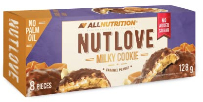 ALLNUTRITION Nutlove Cookies Gâteaux sans Sucre Ajouté - Biscuits au Chocolat au Lait Fourrés aux Cacahuètes et au Caramel - Friandises Hypocaloriques - 1 Boîte x 128 g