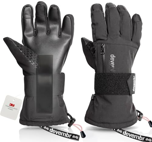 devembr Skihandschuhe mit Handgelenkschützern, Warme Snowboardhandschuhe für Herren und Damen, Schwarz, L