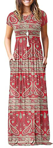 AUSELILY Maxi Dress for Women - Summer Casual Long Dresses for Ladies with Pockets XL Boho Floral Red