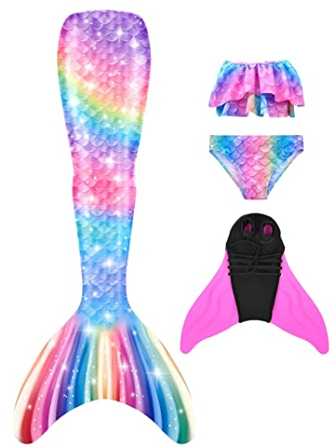 NAITOKE meerjungfrauenflosse mädchen Badeanzug - Meerjungfrau Flosse Bademode mit Bikini Set und Monoflosse Mermaid Tail, 4 Stück Set