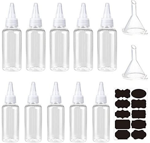 Lowats Squeeze Flasche 10 Stück Plastik Quetschflasche (5 STK 100 ml, 5 STK 60 ml) Mehrzweck Klein Squeeze Flaschen mit Spitzenkappen Spritzflaschen mit Trichtern und Aufkleber für Gewürze Transparent