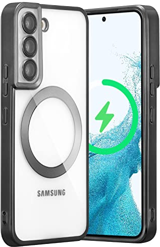 QLTYPRI Magnetisch Hülle für Samsung Galaxy S22 Kompatibel mit MagSafe Kabellosem Laden, Clear Magnet Handyhülle mit Eingebaut Kameraschutz Stoßfest Schutzhülle Transparent Case - Schwarz