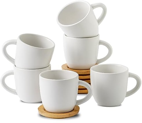 Hasense Cappuccino Cups with saucers, 6 Ounce Ceramic Coffee Mugs Set of 6 Perfect for Espresso, Specialty Coffee Drinks, Latte, Cafe Mocha and Tea, White