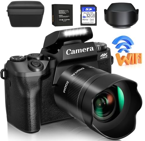 Saneen - Digital Camera, 4K for Photography and Video, 64MP WiFi Touch Screen Vlogging Camera for YouTube with Flash, 32GB SD Card, Lens Hood, 3000mAh Battery, Cameras