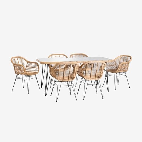 SKLUM Set aus rechteckigem Tisch aus synthetischem Korbgeflecht (180 x 90 cm) Leribert und 6 Gartenstühlen aus synthetischem Rattan Zo Natürlich