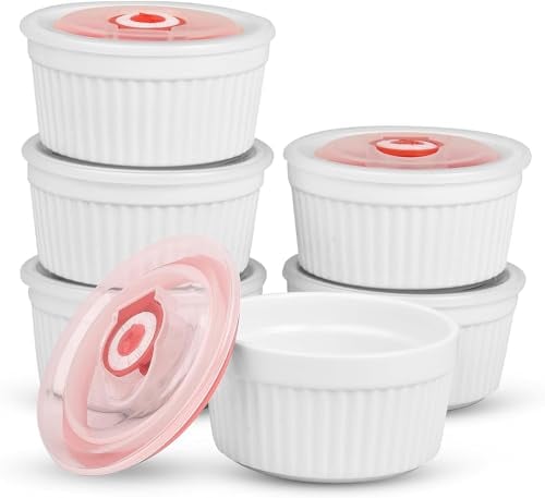 MEETOZ Lot de 6 ramequins avec couvercles en porcelaine blanche pour crème brûlée, soufflé, avec couvercles, pour pâtisserie, pudding, crème glacée, passent au lave-vaisselle et au four, empilables -
