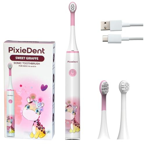 PixieDent Elektrische zahnbürste für Kinder Schallzahnbürste ultraschall mit 2 ersatzbürsten 2 Modi Timer Zeitschaltuhr Sanfte Borsten Kinderzahnbürste von 3+ und 6+