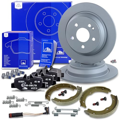 ATE Bremsenset Hinterachse inkl. Bremsscheiben hinten Ø 296 mm voll und Bremsbeläge hinten + Warnkontakt und Handbremsbacken Festellbremse Kompatibel mit MERCEDES VIANO, VITO/MIXTO (W639)
