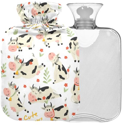 Naanle Wärmflasche mit niedlichem Kuh-Bezug für Wärme- und Kältetherapie, warme Wasserflasche, 2 l, großer Wärmbeutel für Bett, Hände, Füße, Wärmer zur Schmerzlinderung
