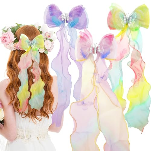 3 PCS Colorful Ribbon Hair Bows,Princess Bowknot Hair Barrettes,Colorful Butterfly Long Ribbon Hair Accessories Alligator Clips for Girls Teens Princess Wedding Birthday Party