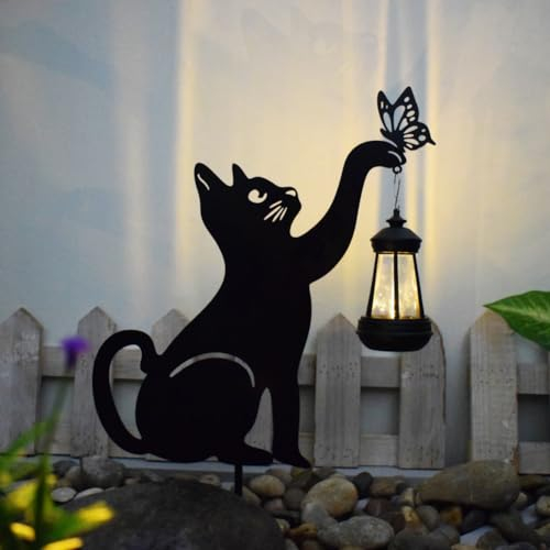 OKESYO Solar Katze für Außen Garten, Metall Katze Solarlampe, Katze Garten Deko mit Laterne, Wasserdicht Solar Katze Gartenstecker für Außen Balkon Garten Deko