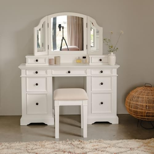 Statement Furniture Gainsborough Dressing Table Set | White Dressing Table (W132.5 x H78cm D42.5cm), Extension Drawers and 3-Way Mirror | Choice of Metal or Crystal Handles (Metal-Handles)