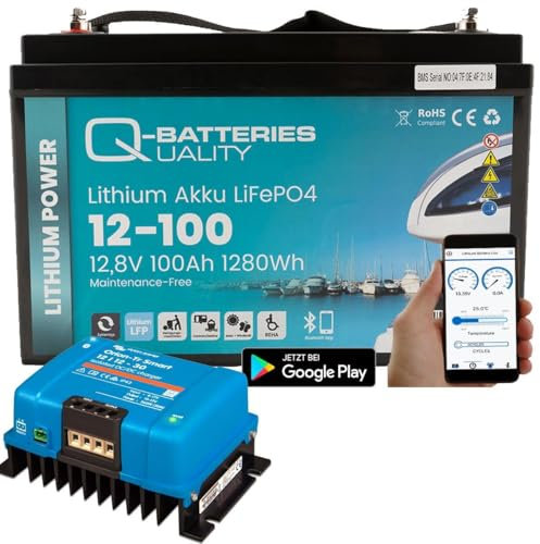 Q-Batteries Lithium Akku 12-100 12,8V 100Ah 1280Wh LiFePO4 Batterie mit Victron Orion Ladegerät