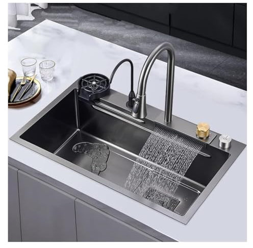 WTAILYSOUE Évier de Cuisine à encastrer, évier de Cuisine sous Plan, lavabo Simple Noir pour Cuisine à Domicile, Robinet d'eau Multifonction en Cascade (80 x 45 x 20 cm)