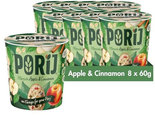 PORiJ Apple & Cinnamon Porridge Oats 8 x 60g - Quick Breakfast Snacks Ready to Eat in Minutes Instant Porridge Pots with Pre Biotics Multipack Ready Meals High Fiber & Protein Porridge Vegan Oats