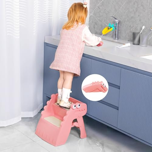 Growaystory Marchepied Pliable pour Enfant, 2 marches, Antidérapant, Anti-basculement, Marche Enfant pour Salle de Bain et Cuisine (Rose)